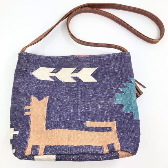 Kilim Purple Blue Tribal Ethnic Rug Design India Leather Strap Shoulder Bag - Picture 7 of 16